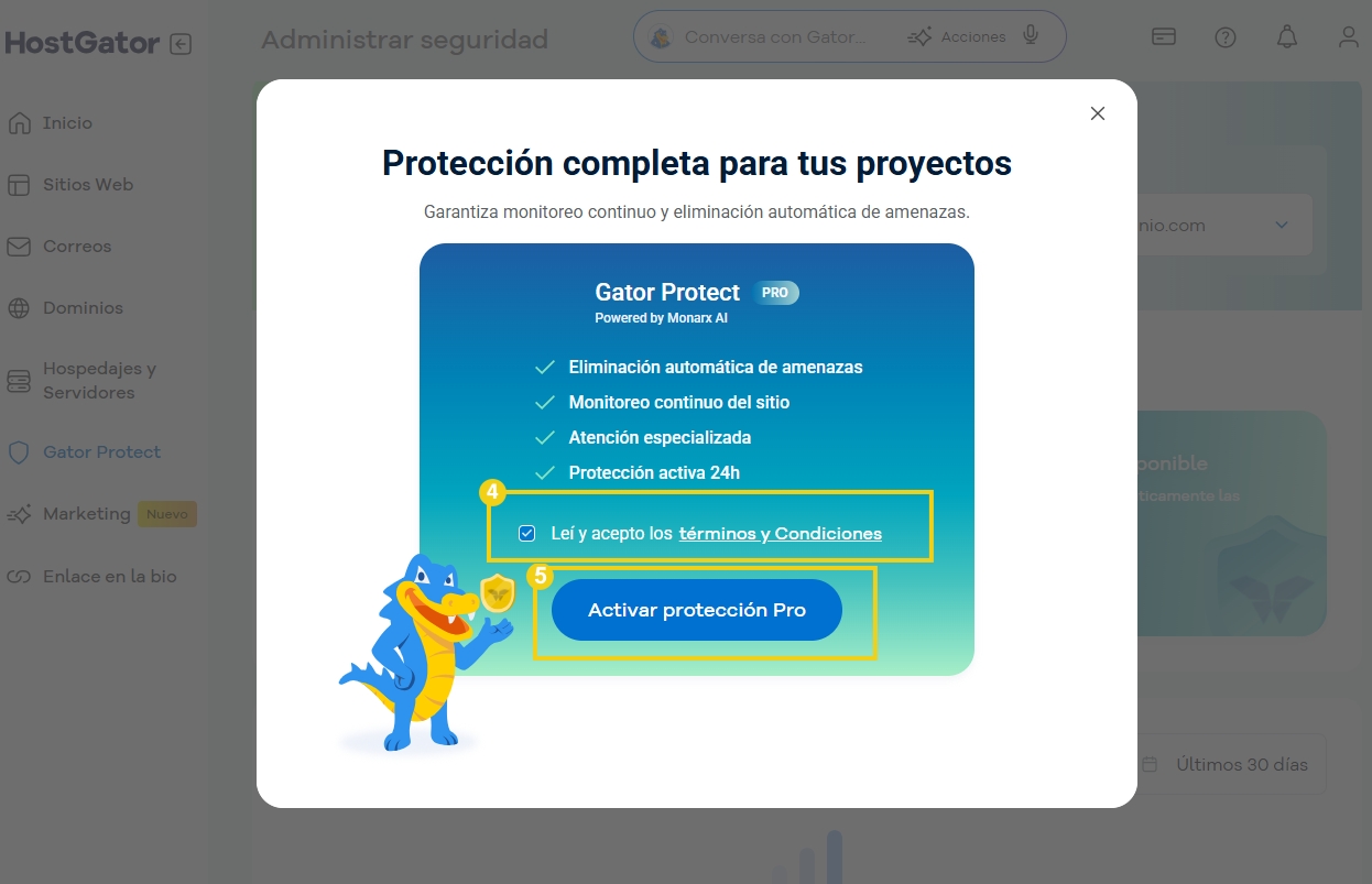 Pantalla de confirmación de activación de protección Gator Protect pro, destacando el botón activar protección Pro