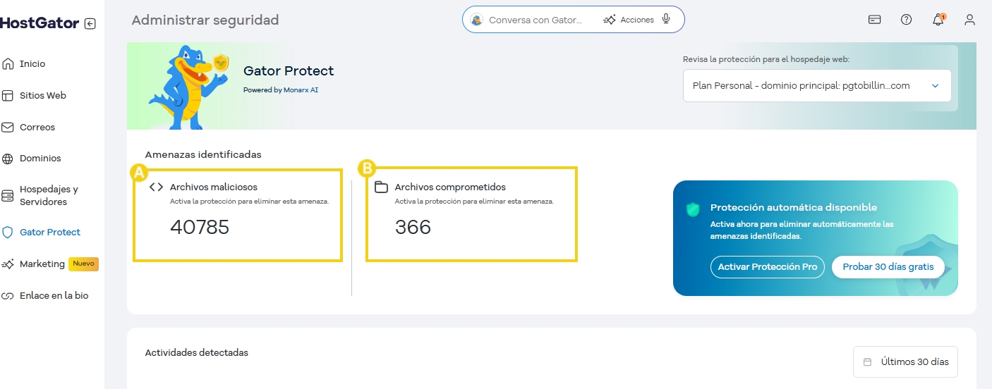 Pantalla de protección contra amenazas digitales con opciones de gestión de archivos maliciosos y comprometidos, destacando características de seguridad digital avanzada.