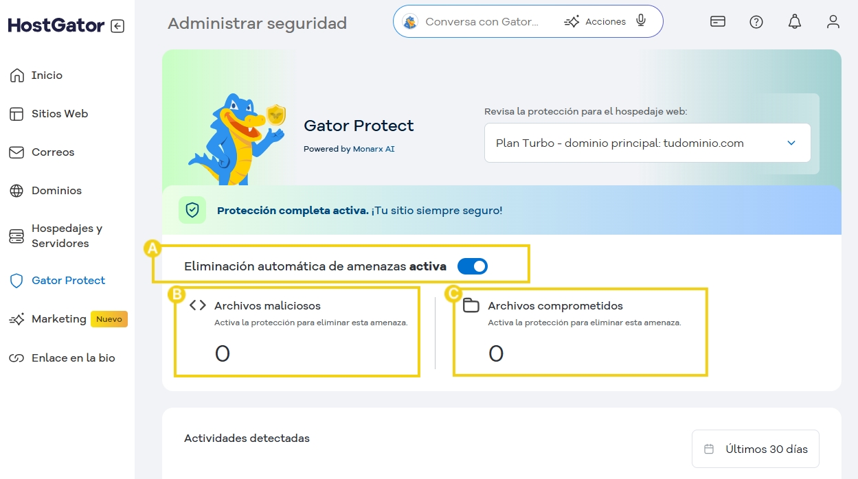 Pantalla de gestión de seguridad en Gator Protect, destacando la función de eliminación automática de amenazas activada, protegiendo el sitio contra amenazas en línea.