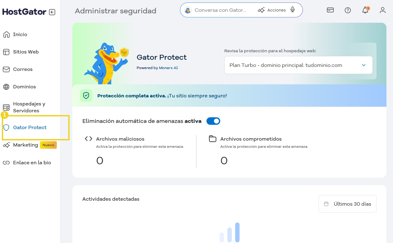 Imagen de la pantalla del panel de control de Gator Protect, sistema de seguridad de hospedaje que garantiza protección automática contra amenazas y ataques cibernéticos.