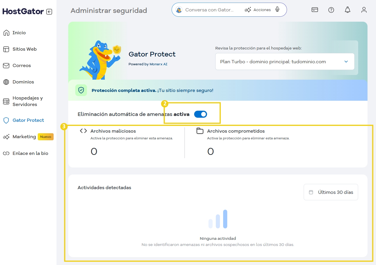 Pantalla de gestión de seguridad en Gator Protect, destacando la función de eliminación automática de amenazas activada, protegiendo el sitio contra amenazas en línea.