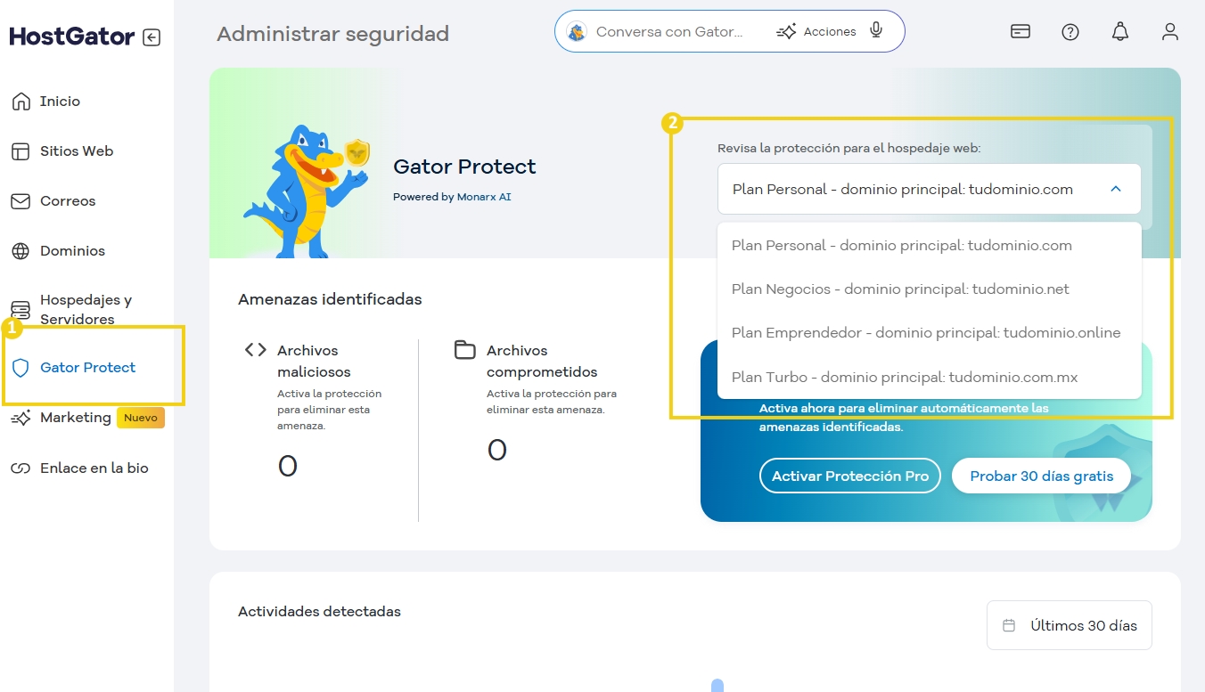 Pantalla del Administrador de Seguridad de HostGator mostrando opciones de protección de hospedaje y planes de dominio