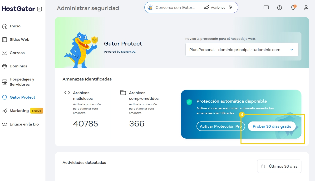 Interfaz de Gator Protect de HostGator para gestión de seguridad, destacando opciones para activar y probar protección automática.