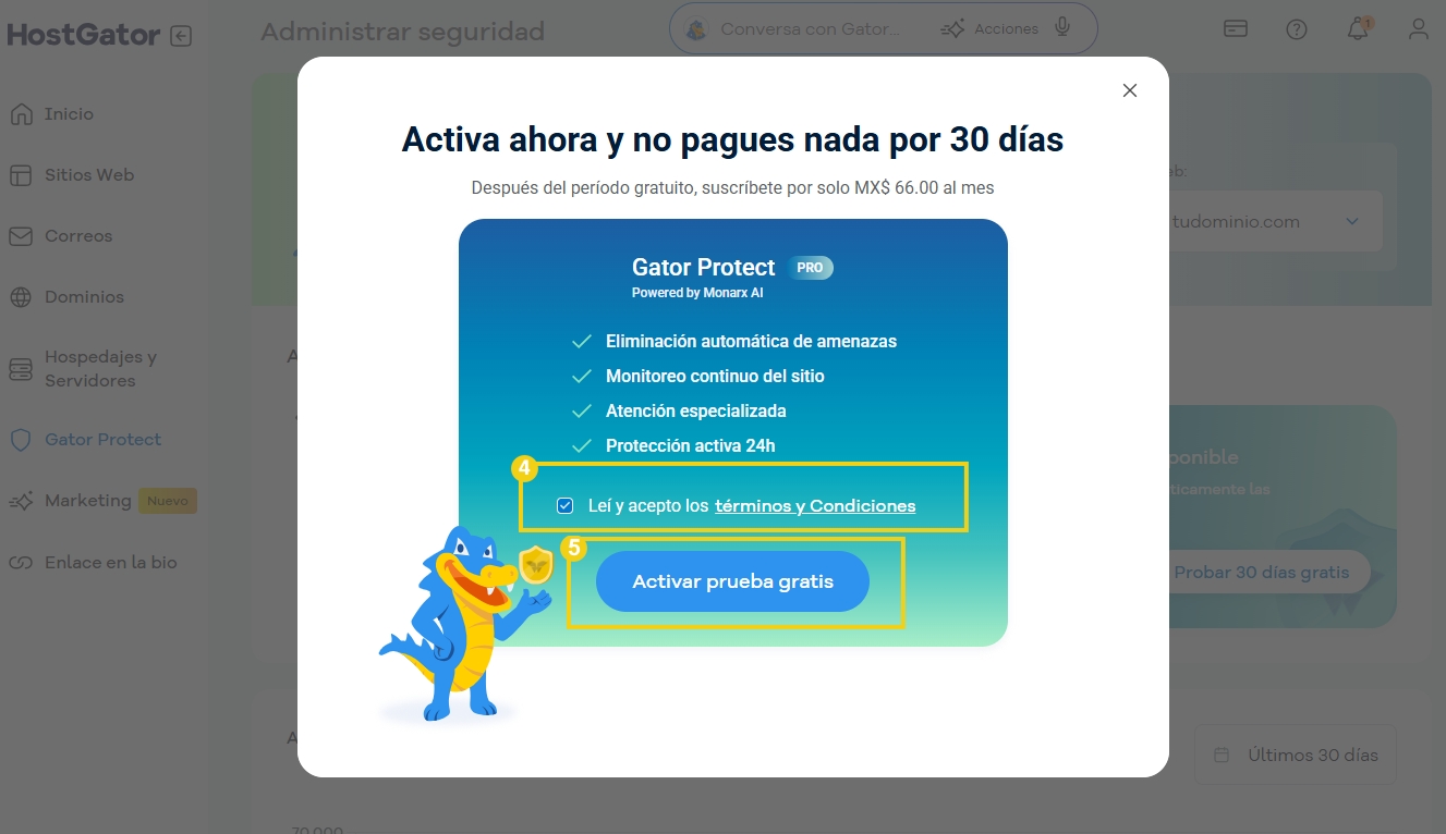 Imagen ilustrativa de una alerta de seguridad en la plataforma de gestión de sitios Gator para activar la monitorización continua y protección contra amenazas con Gator Protect.