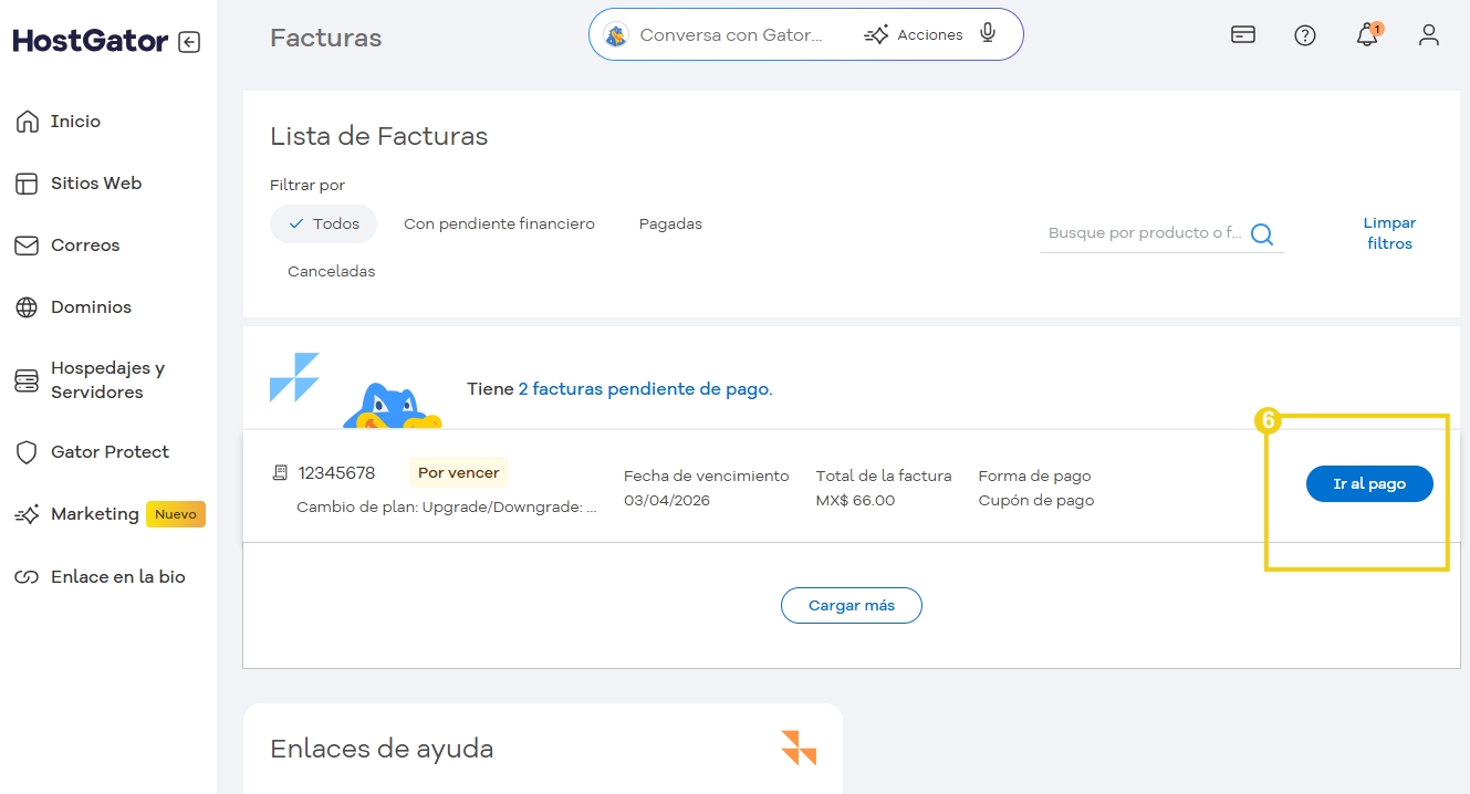 Pantalla de gestión de facturas en el panel de HostGator, mostrando facturas pendientes y opciones de pago para usuarios.