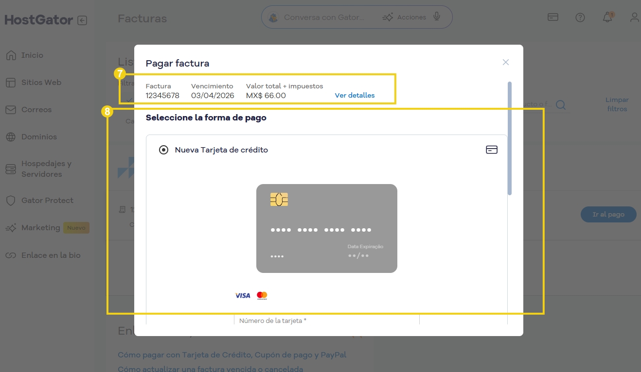 Pantalla de pago de factura en HostGator mostrando detalles como número, vencimiento y valor total con impuestos, además de la opción de pago con tarjeta de crédito.