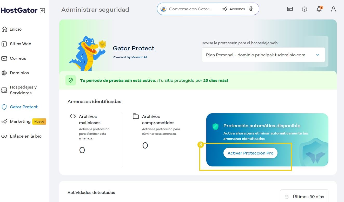 Pantalla del panel de gestión de Gator Protect, sistema de protección contra amenazas en internet, con énfasis en el botón de activar protección Pro y el aviso de período de prueba activo.