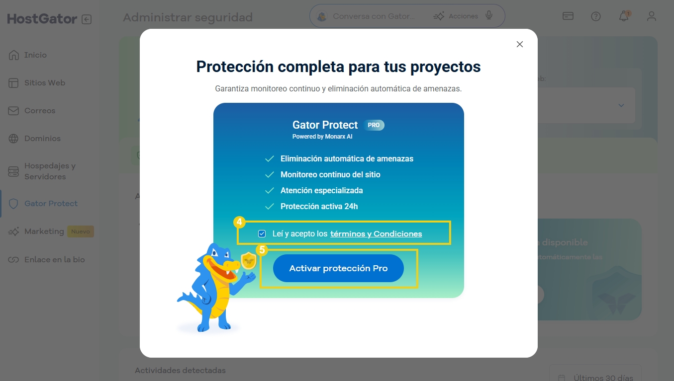 Pantalla de protección de seguridad de Gator Protect con opciones de eliminación automática de amenazas, monitoreo continuo, soporte especializado y activación de protección 24h.