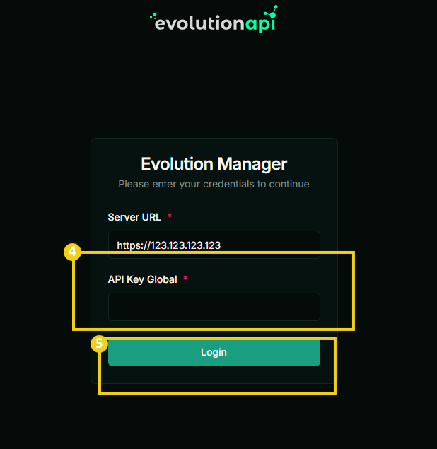 La imagen muestra la pantalla de inicio de sesión de Evolution GO, con marcado en el campo para ingresar la API Key y luego el marcado en el botón "Login"