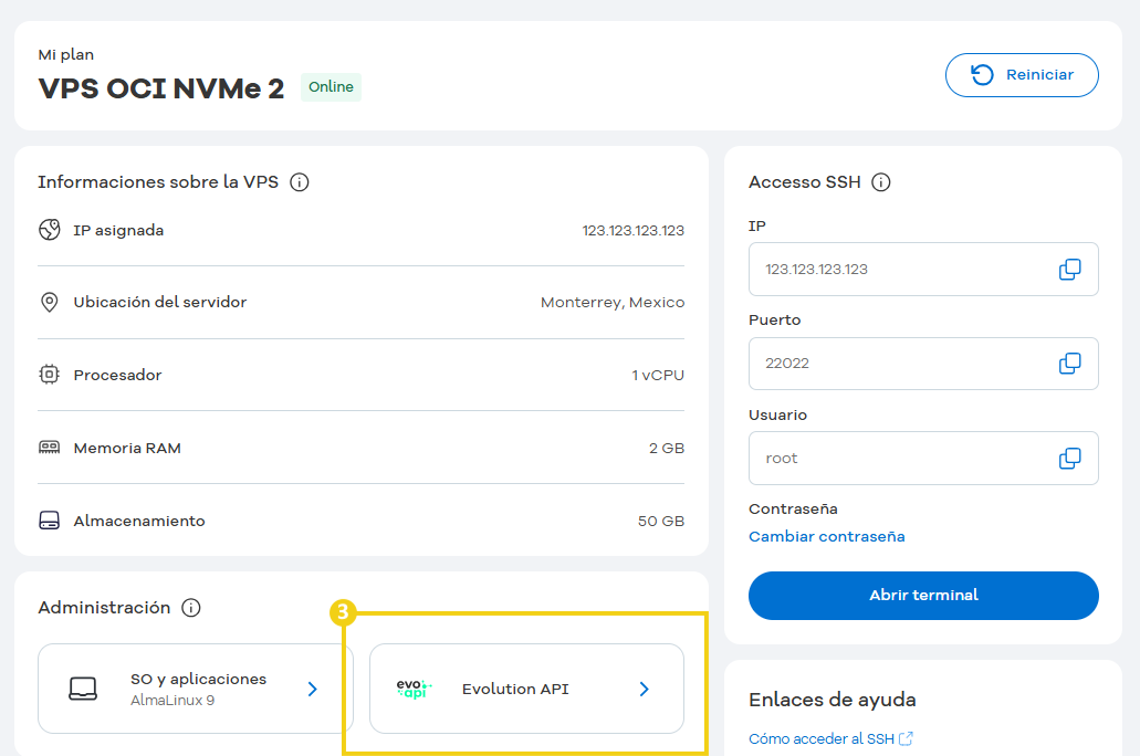 Imagen aún del Portal del Cliente, en el área de administración de la VPS, con marcación en el botón "Evolution Go" para acceso al panel
