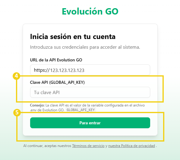 La imagen muestra la pantalla de inicio de sesión de Evolution GO, con una marca en el campo para ingresar la API Key y luego una marca en el botón "Entrar"