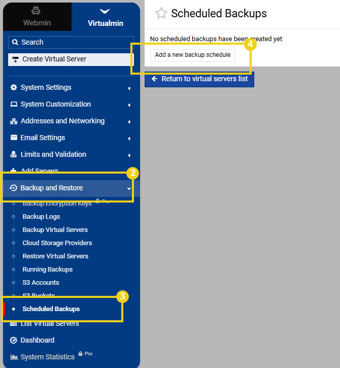 Imagen muestra la pantalla del panel de Virtualmin/Webmin con la marcación en "Backup and Restore", luego en "Schedule backup" y por último en "Add a new backup schedule"