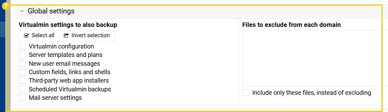 Imagen muestra la pantalla para crear la programación de respaldo, con marcado en la primera sección "Global settings"