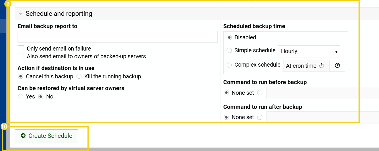 Imagen muestra la pantalla para crear la programación de respaldo, con marcación en la primera sección "Schedule and reporting"