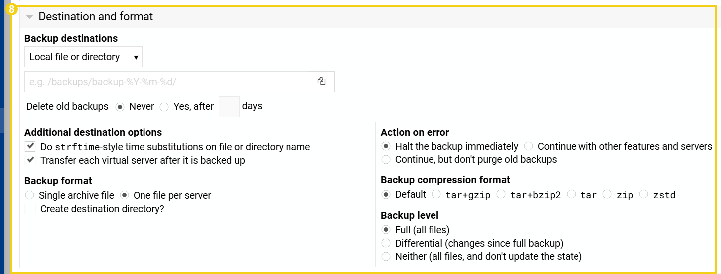 Imagen muestra la pantalla para crear la programación de respaldo, con marcado en la primera sección "Destination and format"