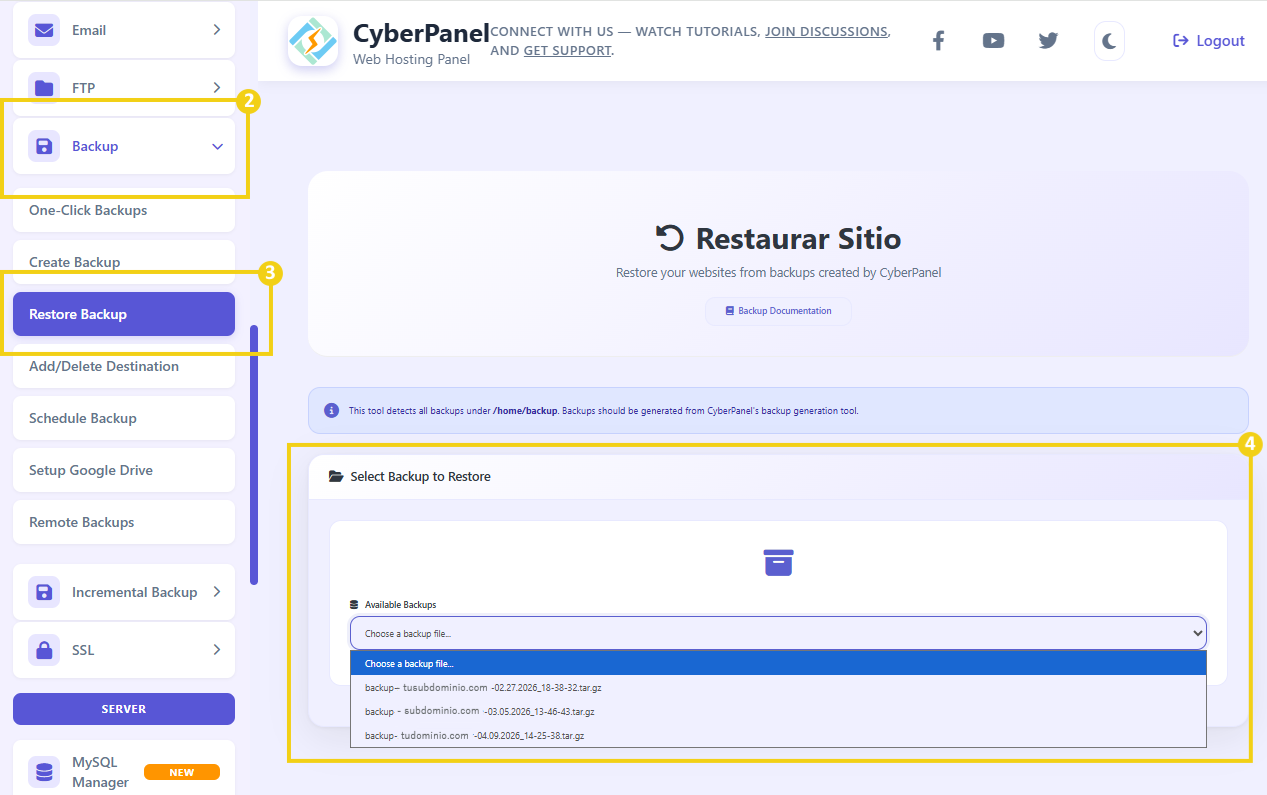 La imagen muestra la pantalla de CyberPanel con la marcación en el menú lateral en “Backup”, luego en “Restore Backup” y, en la pantalla de restauración, la marcación en el archivo que debe seleccionarse para restaurar