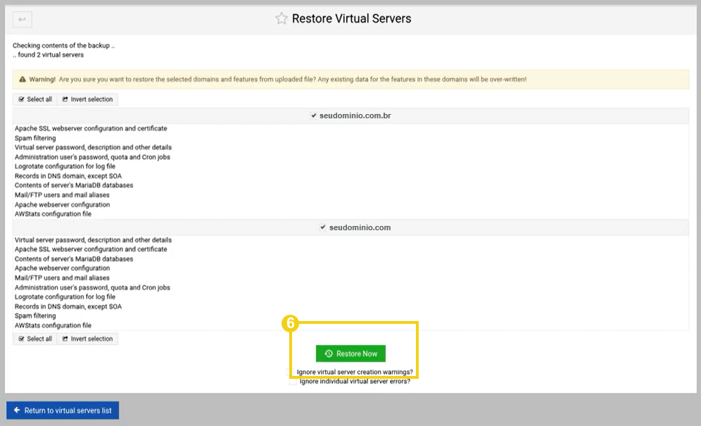 Imagen muestra la pantalla de restauración del panel Virtualmin, donde se muestra lo que será restaurado y el botón “Restore Now” para iniciar la restauración