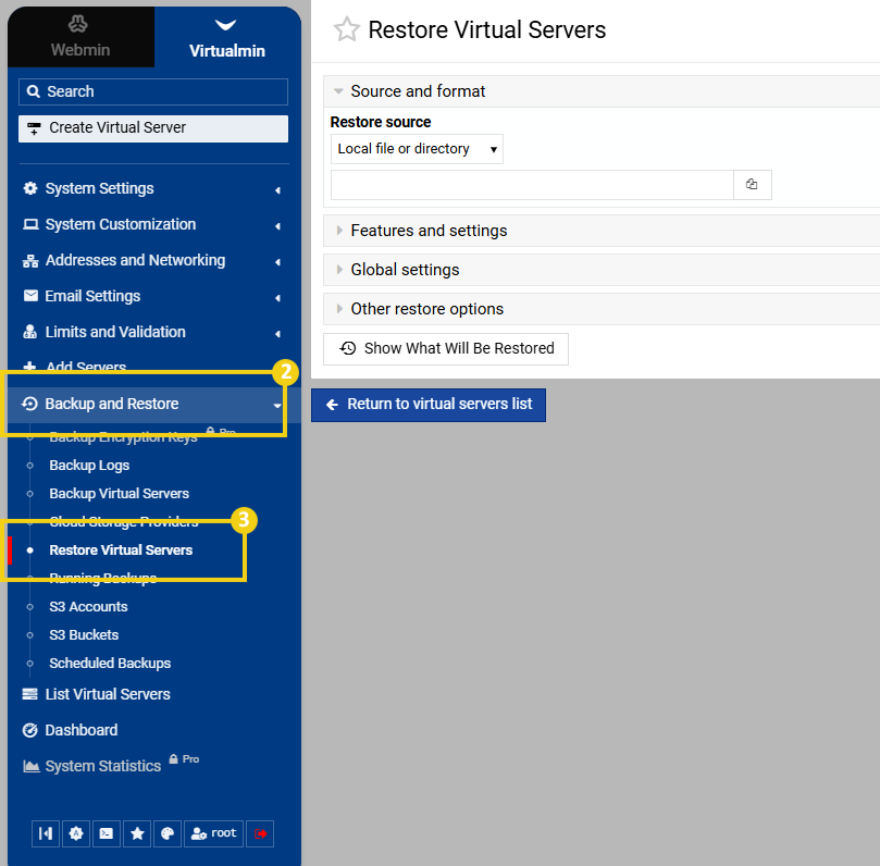 Imagen muestra la pantalla del panel Virtualmin con la marcación en el menú lateral en “Backup and Restore” y en seguida en “Restore Virtual Servers” 