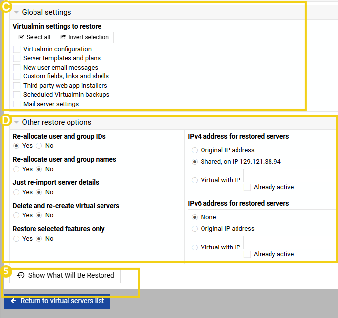 Imagen muestra la pantalla del Virtualmin, en el área para configurar las secciones de “Configuraciones globales”, “Otras opciones de restauración” y la marcación en el botón “Mostrar lo que será restaurado”