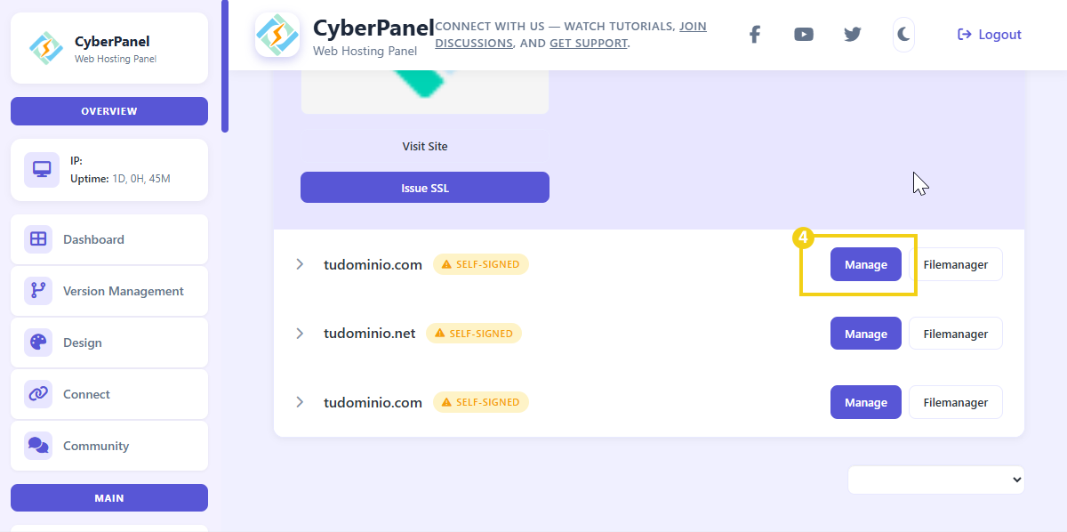 Lista de sitios con botón Manage destacado
