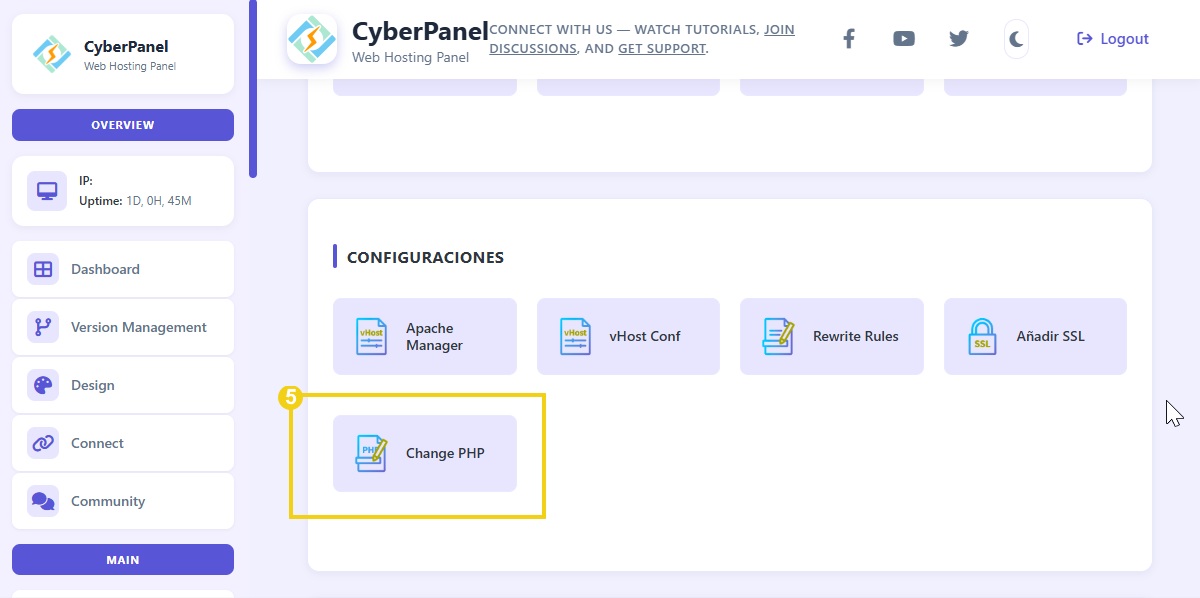 Sección Configuraciones con opción Change PHP