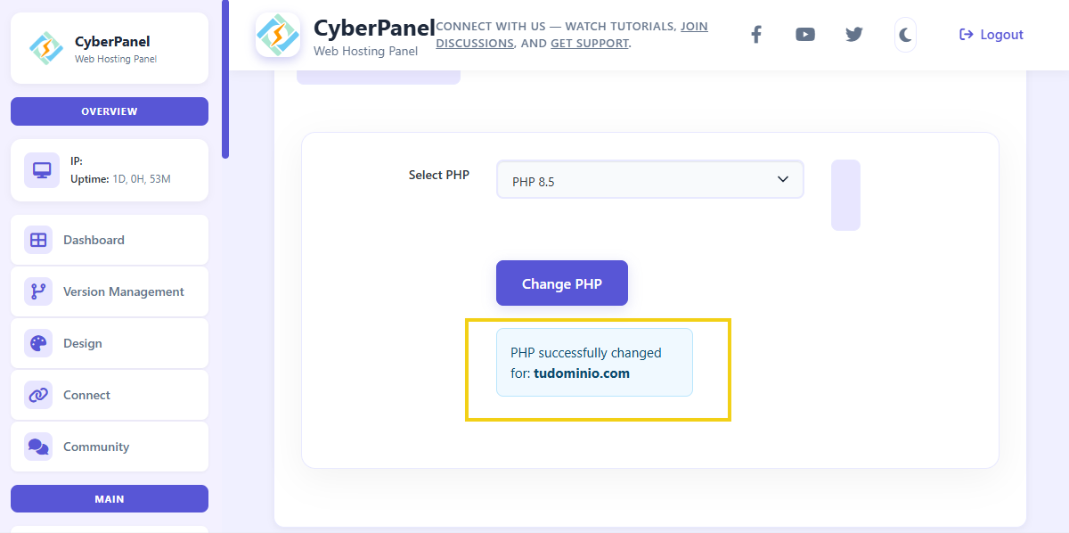 La imagen muestra el cambio realizado con éxito.