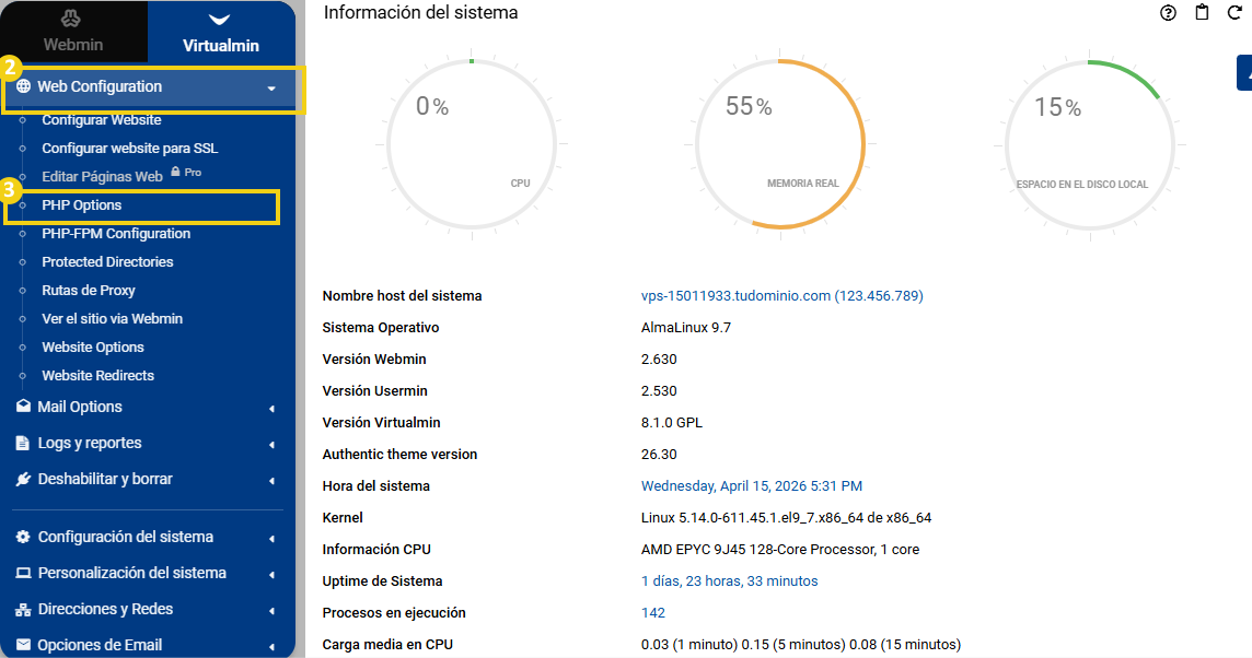 Menú lateral con opciones Web Configuration y PHP Options destacadas