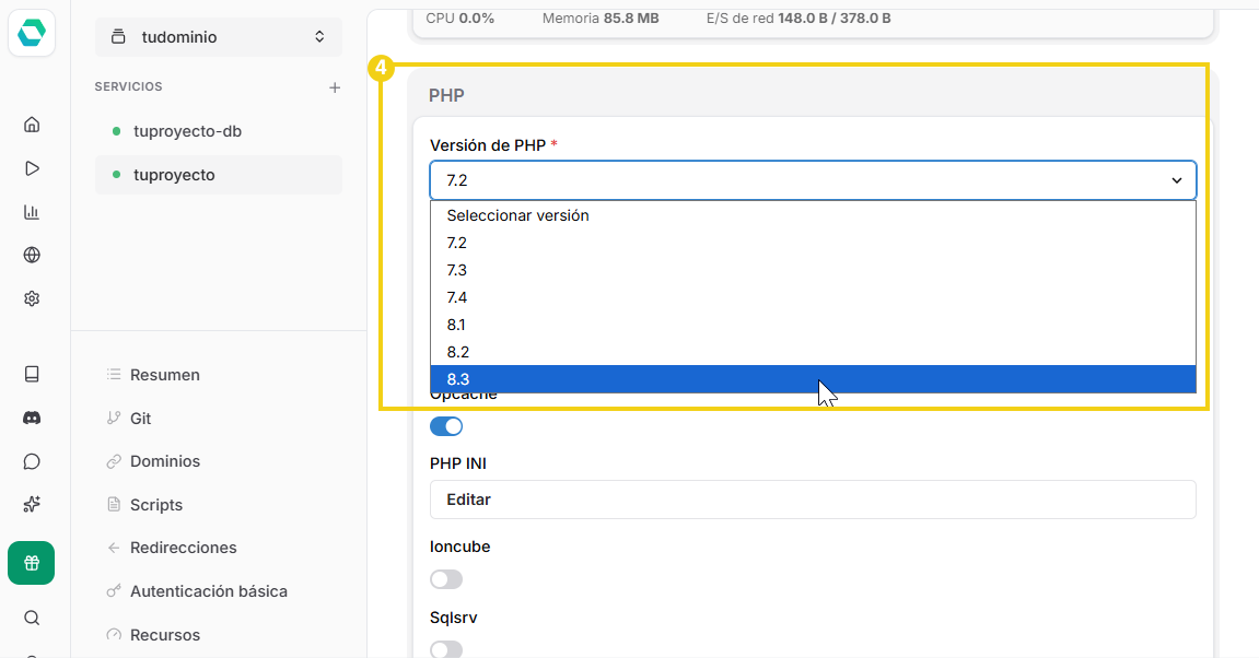 Selector de versiones PHP disponibles