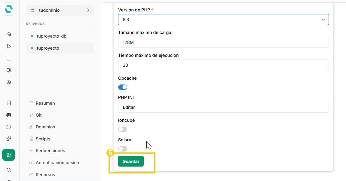 Botón Guardar en configuración de PHP
