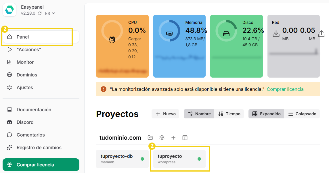 Pantalla Panel con sección Proyectos destacada