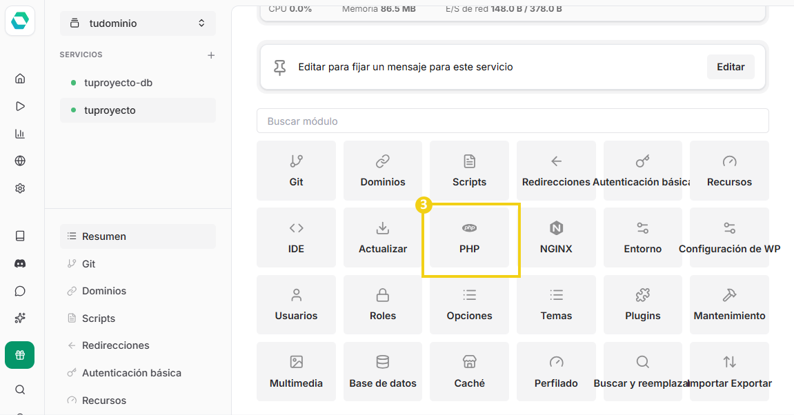 Botón PHP en la gestión de proyecto