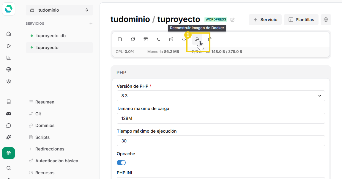Botón reconstruir imagen Docker destacado