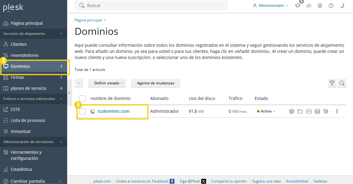 Menú Dominios con opción destacada