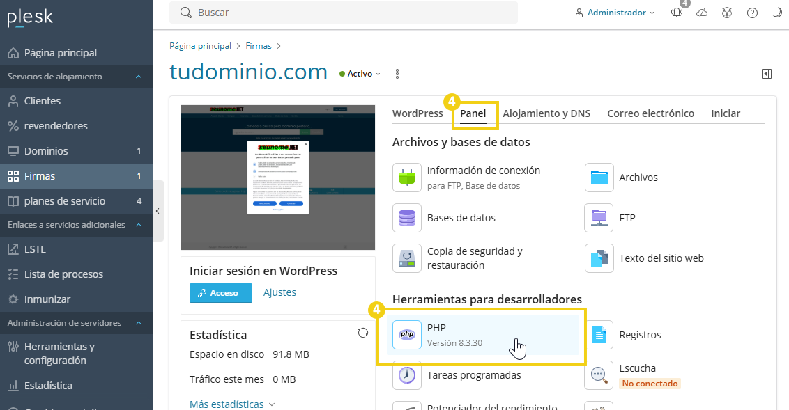Sección Panel con opción PHP en herramientas de desarrollador