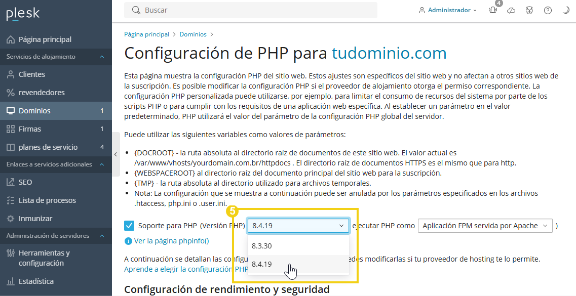 Selector de versión PHP en configuración del dominio