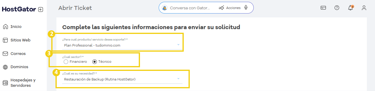 Opción restaurar backup seleccionada en formulario de soporte