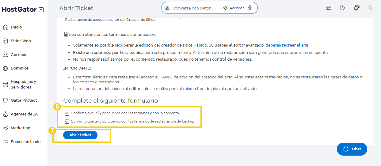 Confirmación de apertura de ticket para restauración