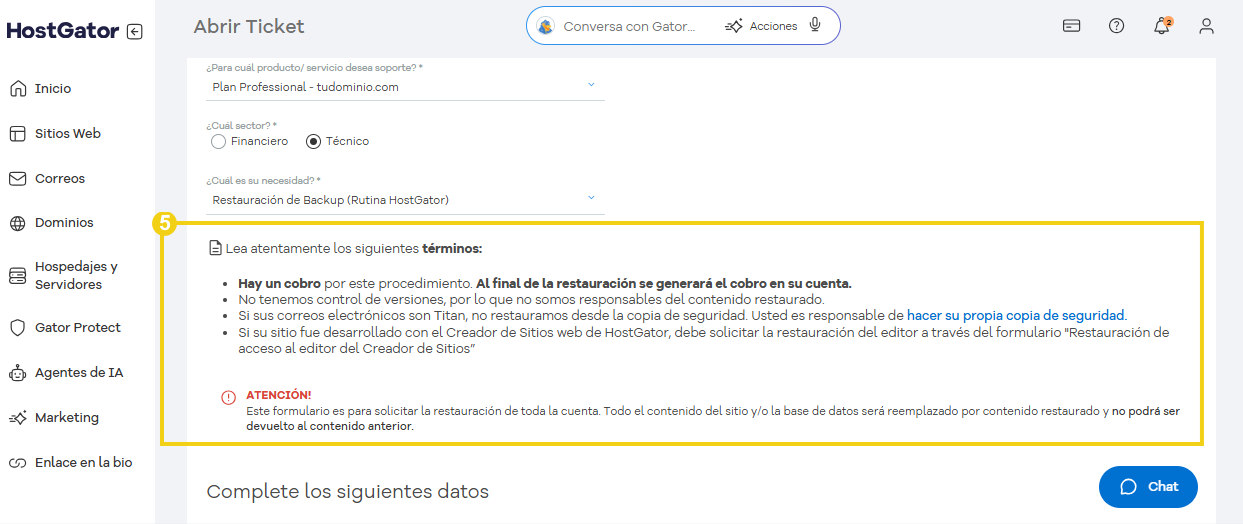 Instrucciones y avisos de restauración en formulario de ticket
