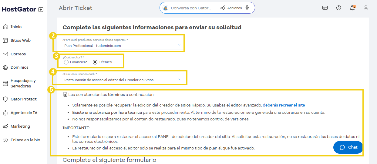 Formulario de soporte con opciones de restauración del creador de sitios
