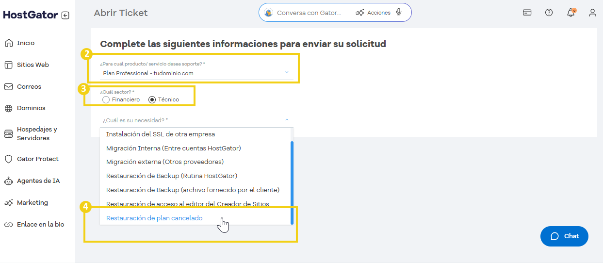 Formulario para apertura de ticket con opciones de soporte técnico