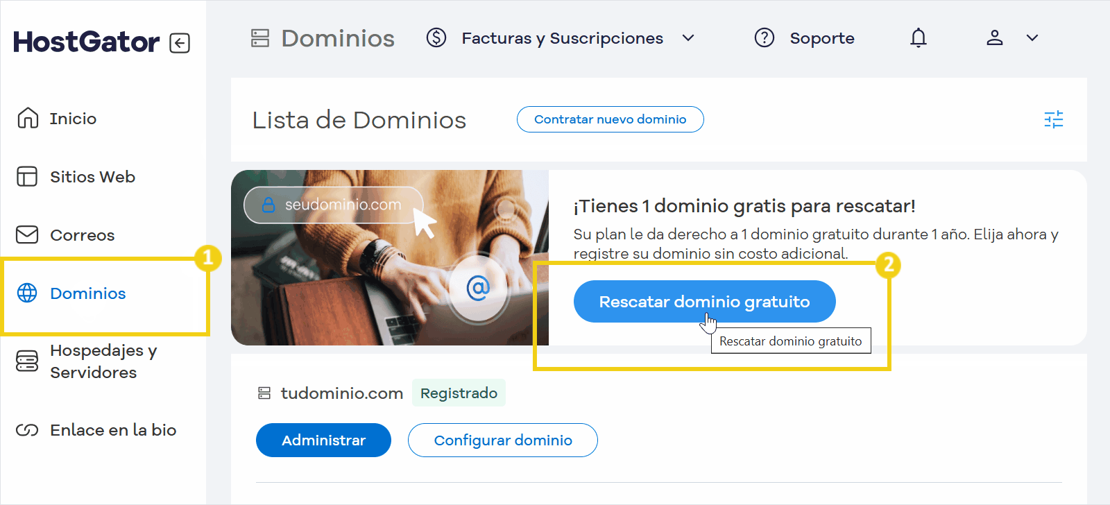 Pantalla del Portal del Cliente para rescatar el dominio gratuito