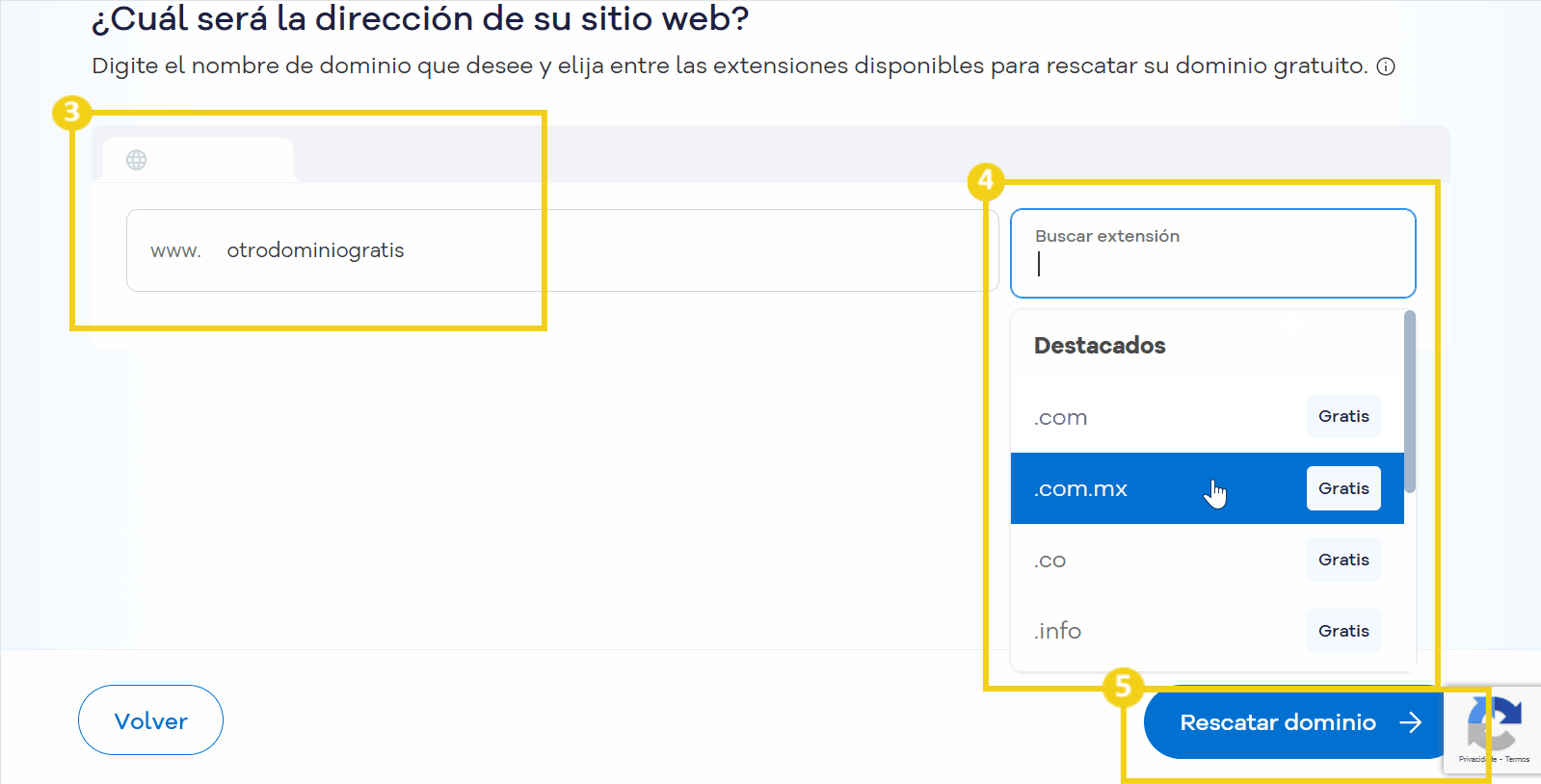 La imagen muestra el flujo para el rescate del dominio gratuito