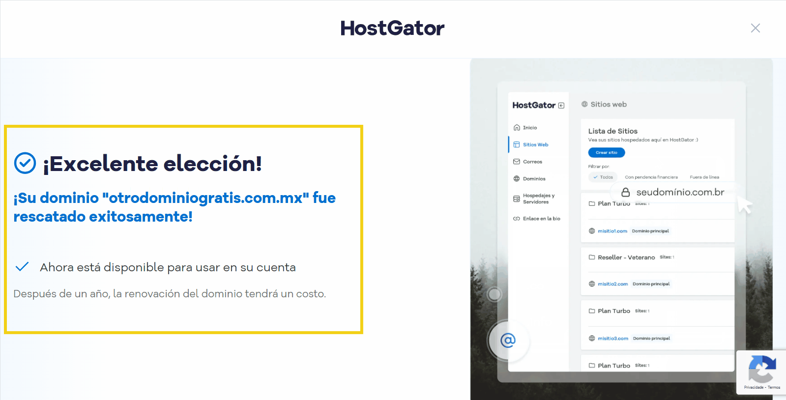 La imagen muestra la conclusión del rescate del dominio gratuito