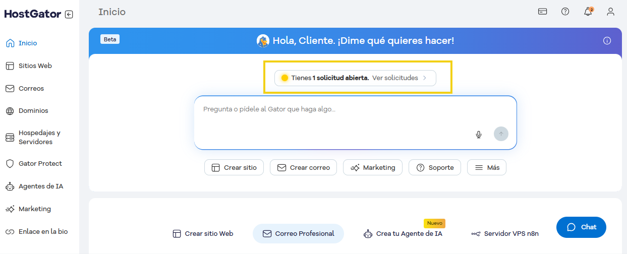 Portal del Cliente destacando la información "Tienes 1 ticket abierto - Ver tickets" en la parte superior de la conversación con Gator
