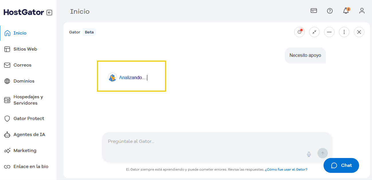 Conversación con Gator mostrando la carga de la información "analizando"