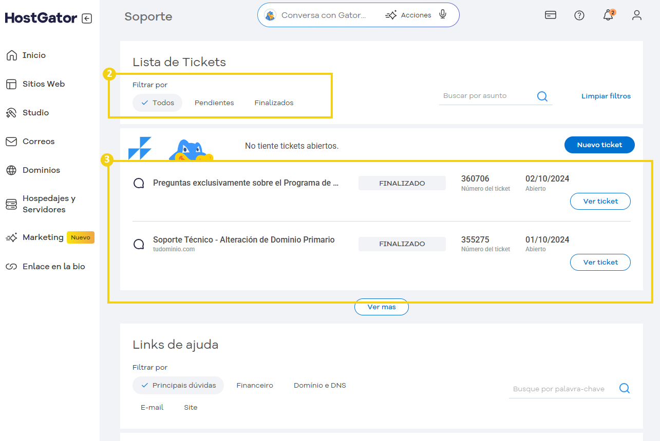 Área de "Listado de Tickets" del Portal del Cliente destacando las opciones de filtro e información disponible como estado del ticket, número del ticket, fecha de apertura y ver ticket