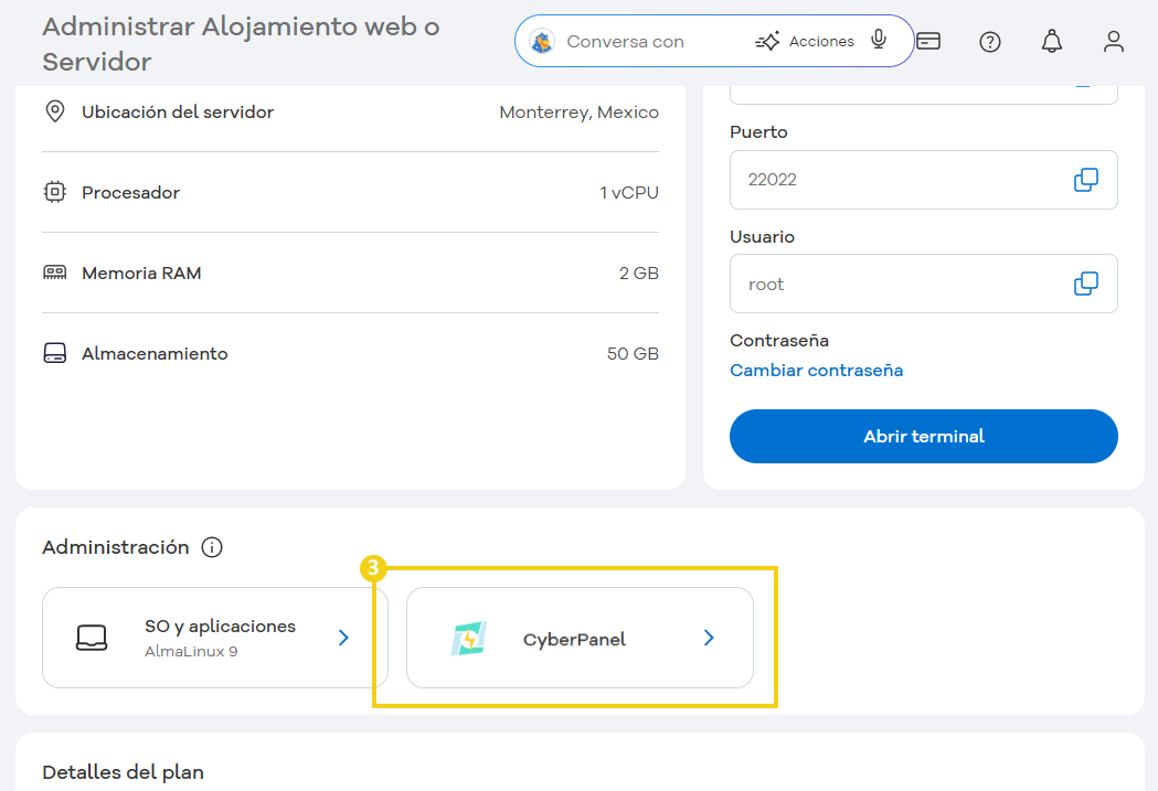 Administración del plan — sección con la opción CyberPanel destacada