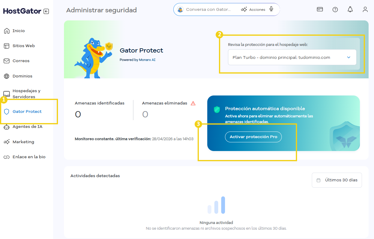 Gestión de seguridad — opción Gator Protect con protección automática destacada
