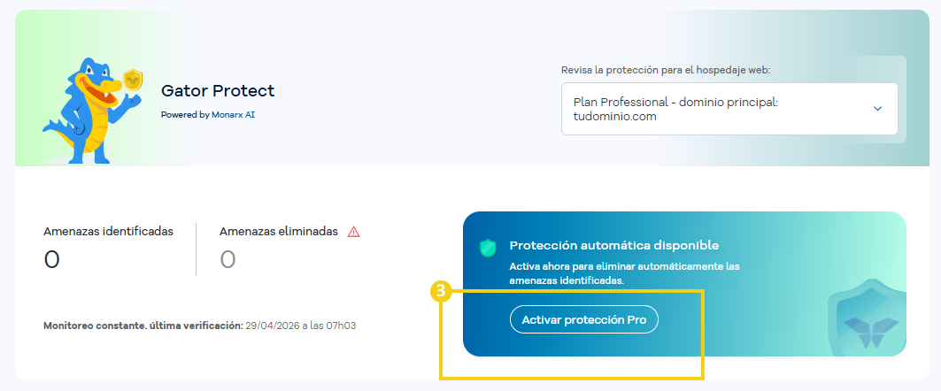 Pantalla del panel de administración de Gator Protect con el botón de activar protección Pro destacado y aviso de período de prueba activo