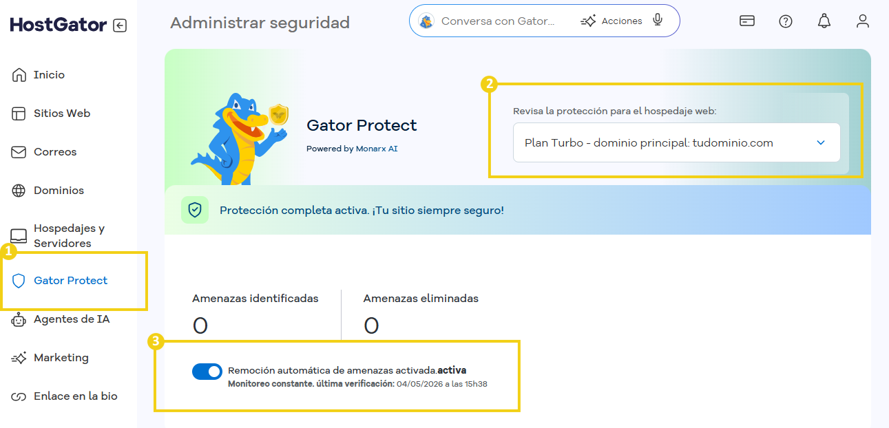 Portal del Cliente — sección Gator Protect con el botón de eliminación automática activado en destaque